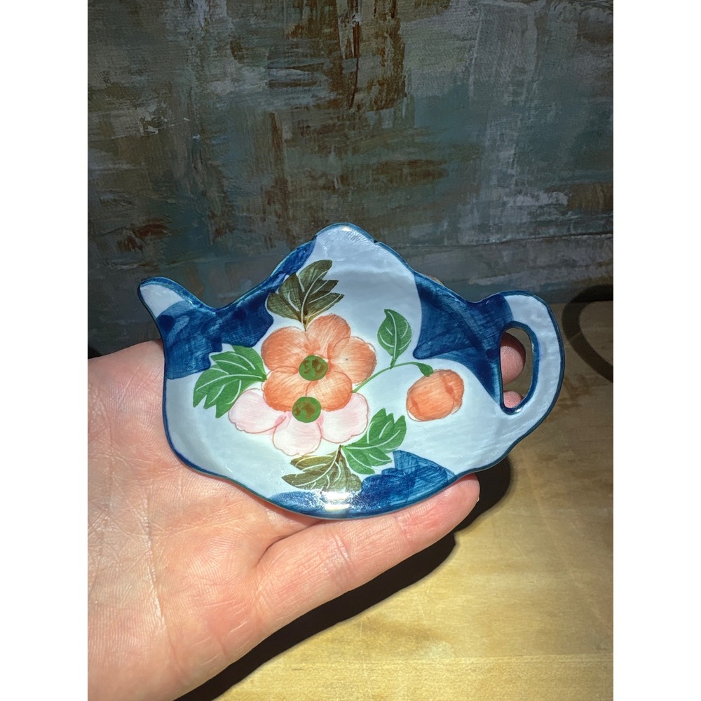Vintage Style Hand Painted Floral‎ Teapot Tea Bag Rest Trinket Dish Blue Orange